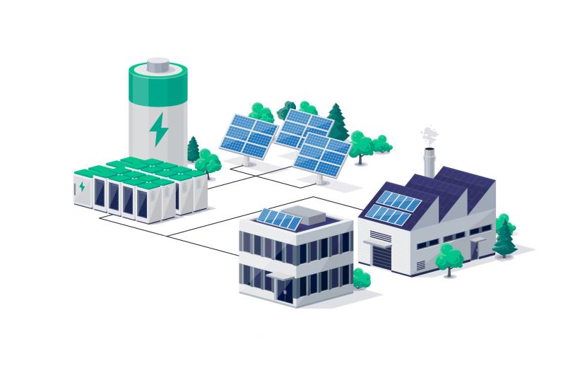Ipari energiatároló, napelemmező és csarnokok rendszerillusztrációja